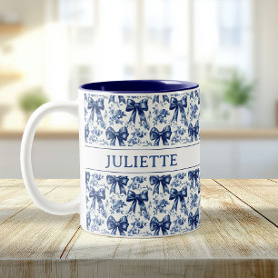 Tasse 2 Couleurs Nom personnalisé Elégant Vintage Floral Blue Bows