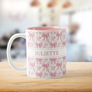 Tasse 2 Couleurs Nom personnalisé Elegant Vintage Floral Blush Bows