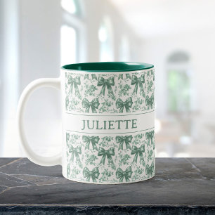 Tasse 2 Couleurs Nom personnalisé Elégante Vintage Floral Green Bow