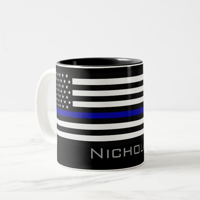 Tasse 2 Couleurs Nom personnalisé Indicateur de ligne bleue mince (Devant gauche)
