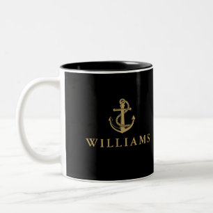 Tasse 2 Couleurs Nom personnalisé noir et or Ancre nautique bateau