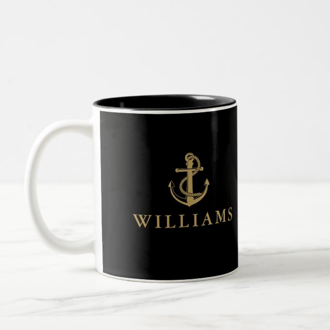 Tasse 2 Couleurs Nom personnalisé noir et or Ancre nautique bateau (Gauche)