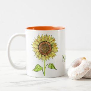 Tasse 2 Couleurs Nom personnalisé rustique Aquarelle Tournesol