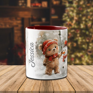 Tasse 2 Couleurs Nom personnalisé Teddy Bear et Snowman