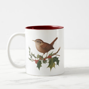 Tasse 2 Couleurs Oiseau de fête Troglodyte sur branche de houx Noël