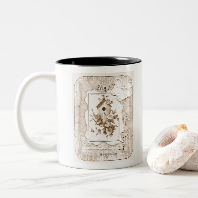 Tasse 2 Couleurs Oiseaux Et Maison Shabby Chic (Avec donut)