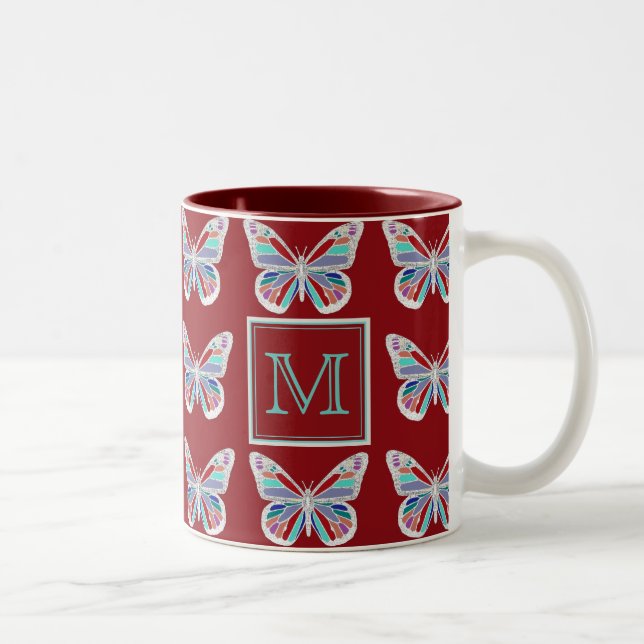 Tasse 2 Couleurs Ornate Butterflies Burgundy Pattern Monogram (Droit)