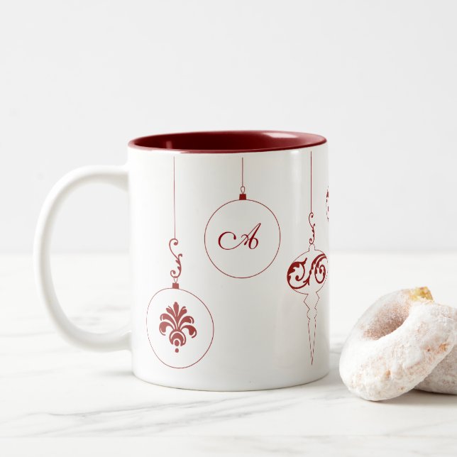 Tasse 2 Couleurs Ornements Bauble Monogramme Rouge Berry (Avec donut)