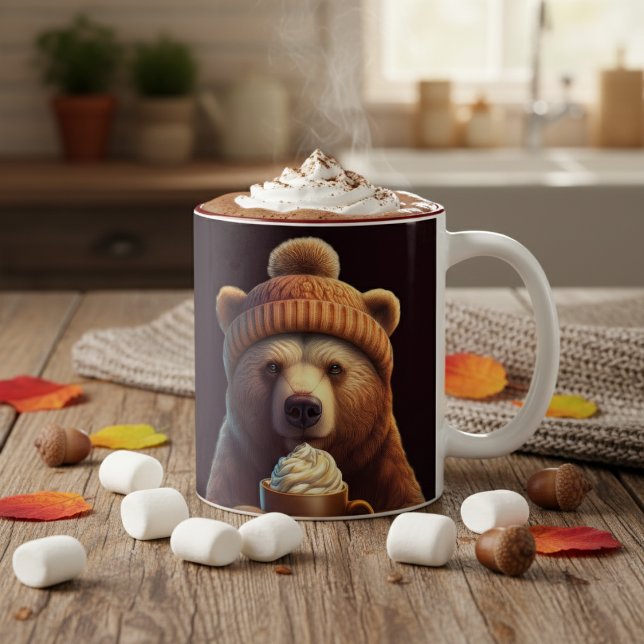 Tasse 2 Couleurs Ours d'automne Thanksgiving Citrouille épice Coca  (Cozy Autumn Aesthetic Hot cocoa Bear Mug Woolly Hat Bear with Coffee Mug Bear Lover Cottagecore )