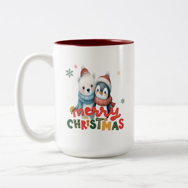 Tasse 2 Couleurs Ours polaire mignon et amis pingouins Noël (Gauche)
