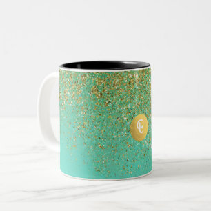 Tasse 2 Couleurs Paillette Dorée & Turquoise Aqua Glam Monogramme P