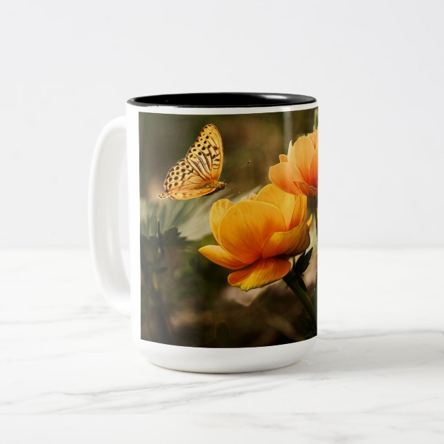 Tasse 2 Couleurs Papillon orange et fleurs (Devant gauche)