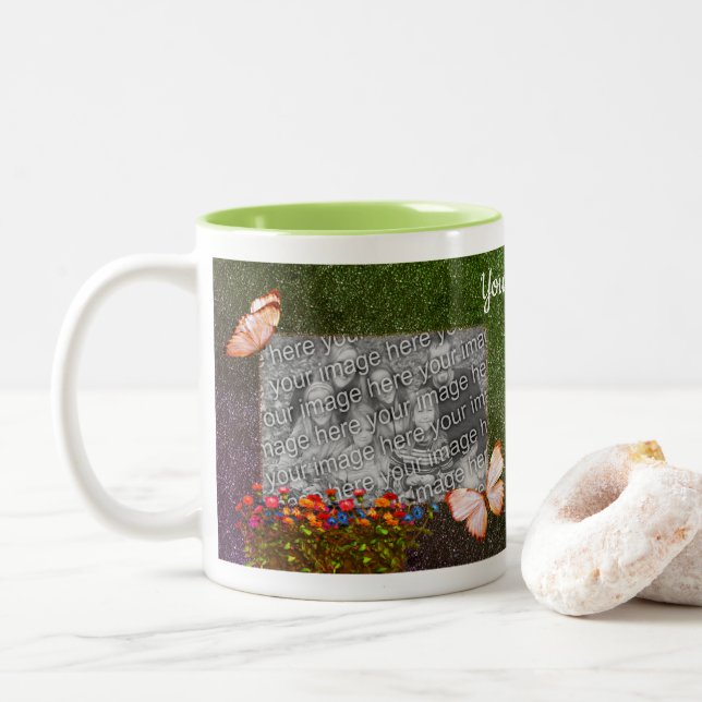 Tasse 2 Couleurs Papillons Et Fleurs Photo Personnalisée (Avec donut)