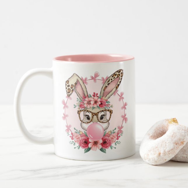 Tasse 2 Couleurs Pâques mignonne Floral Bunny Leopard cadeau (Avec donut)