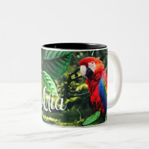 Tasse 2 Couleurs Parrot écarlate macaw dans la jungle avec des fleu