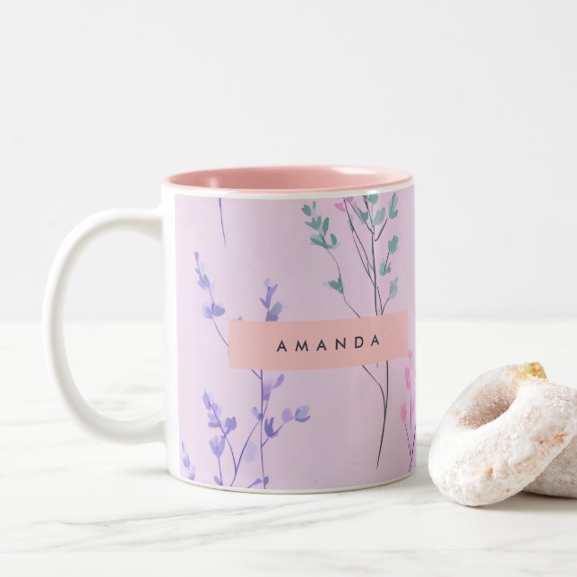 Tasse 2 Couleurs Pastel Floral Personnalisé, Élégant (Avec donut)