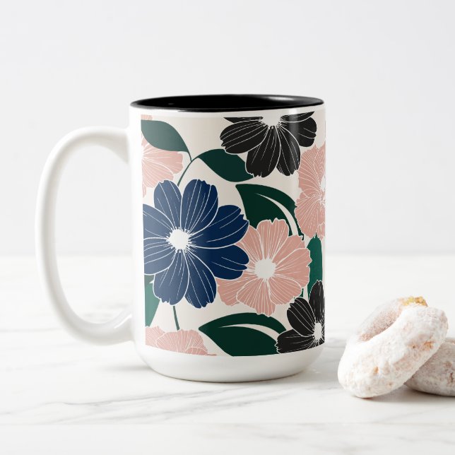 Tasse 2 Couleurs Pastel moderne & Fleur foncée (Avec donut)