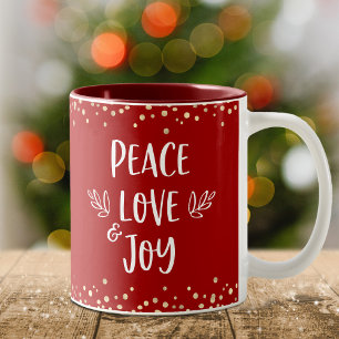 Tasse 2 Couleurs Peace Love Joy Typographie moderne Gold Confetti R