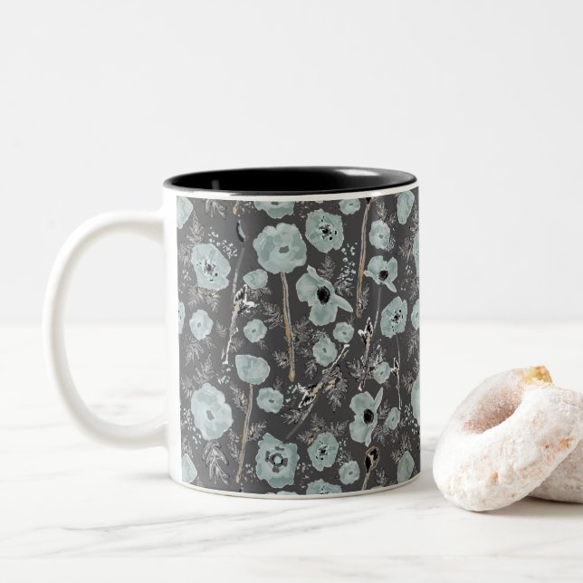 Tasse 2 Couleurs Pépites Gris Bleu Noir Aquarelle Fleurs (Avec donut)