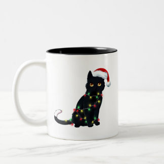Tasse 2 Couleurs Père Noël Chat Noir Tangé Dans La Lumière De L'Arb
