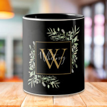 Personalized Black Gold Monogram Greenery Floral