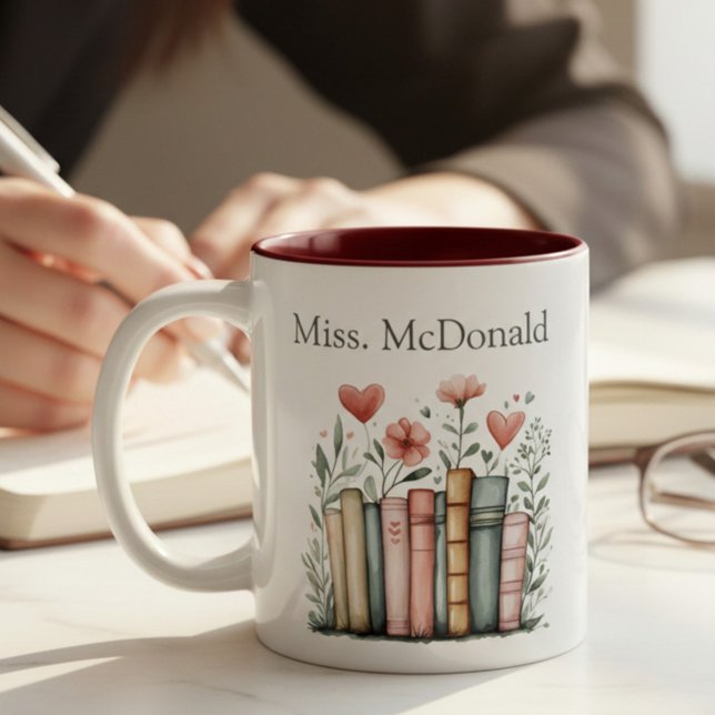 Tasse 2 Couleurs Personalized Floral Stacked Books Teacher (Créateur téléchargé)