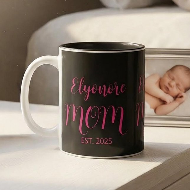 Tasse 2 Couleurs Personalized Mom Name Established Pink Script  (Créateur téléchargé)