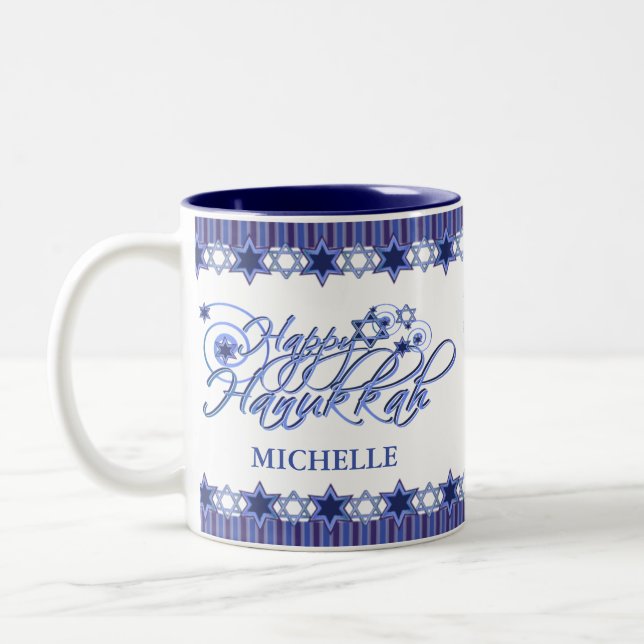 Tasse 2 Couleurs Personnalisé Blue Happy Hanoukka Star (Gauche)
