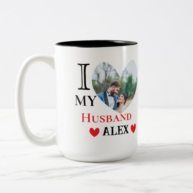 Tasse 2 Couleurs Personnalisé J'Aime Mon Mari Coeur Photo (Gauche)