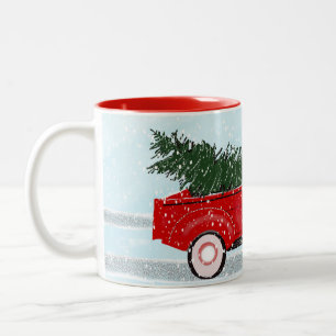 Tasse 2 Couleurs Petit Camion rouge avec sapin de Noël dans la nei