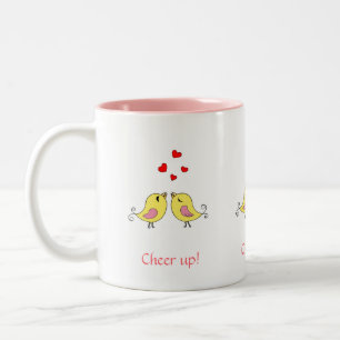 Tasse 2 Couleurs Petits oiseaux mignons, coeurs et calligraphie ros