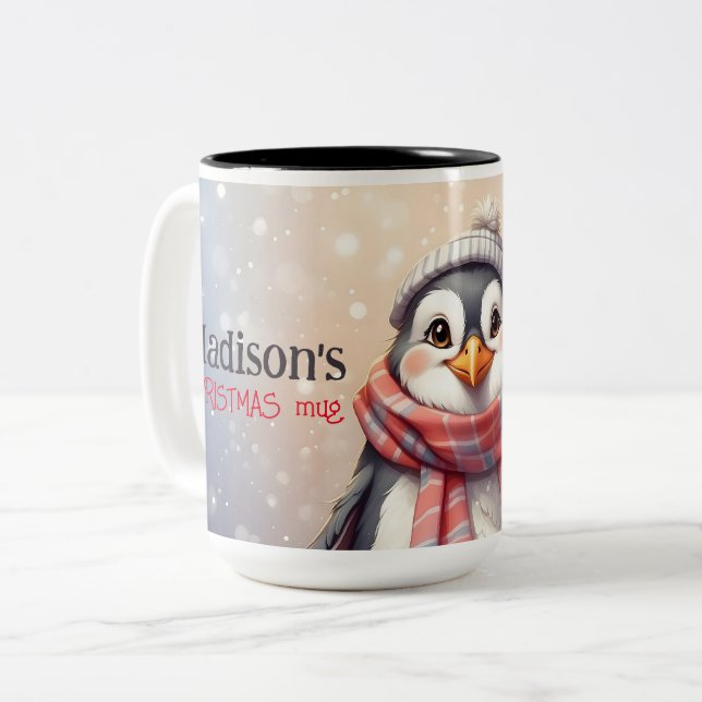 Tasse 2 Couleurs pingouin mignon personnalisées noël (Devant gauche)