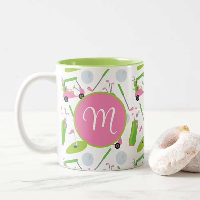 Tasse 2 Couleurs Pink & Green Golf Personnalisé Monogramme (Avec donut)