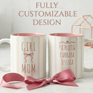 Tasse 2 Couleurs Pink Stripes & bow Girl Mom & Custom Kids Names