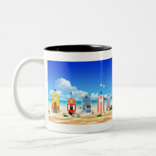 Tasse 2 Couleurs Plage Océan Mer Sable Soleil Paysage Huts Pêche.