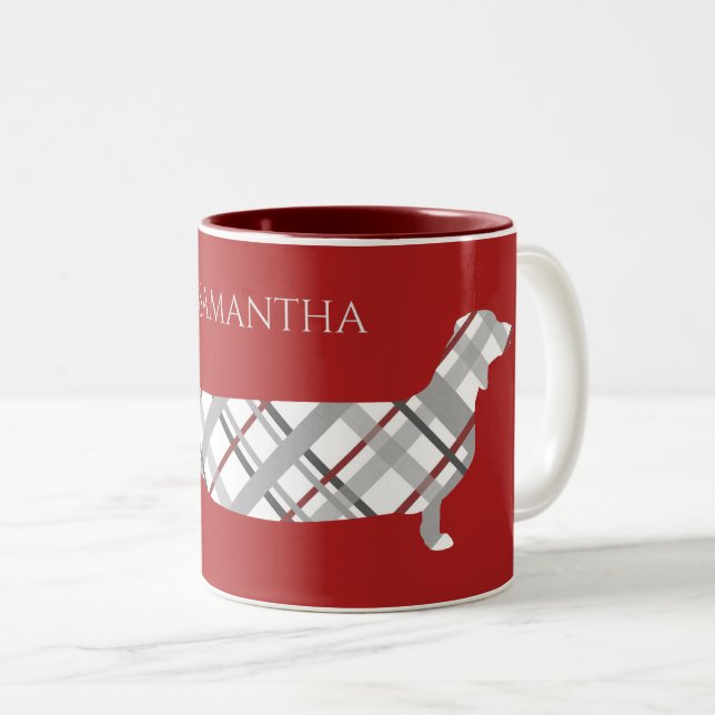 Tasse 2 Couleurs Plaid Dachshund sur Red Personnalisé (Devant droit)