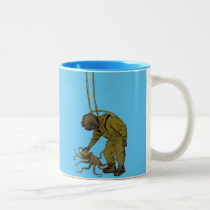 Tasse 2 Couleurs Plongeur Vintage avec casque de plongée et poulpe