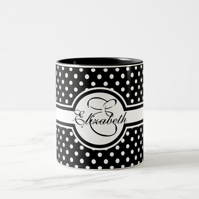 Tasse 2 Couleurs Pois blancs élégants sur Monogramme noir (Centre)