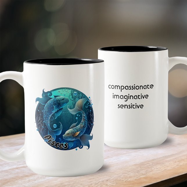 Tasse 2 Couleurs Poissons Turquoise et noir Aquarelle Zodiac (Créateur téléchargé)
