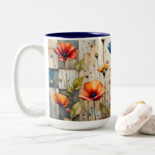 Tasse 2 Couleurs Poppies colorées Floral Rustique Bleu Patchwork