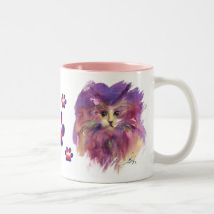 TASSE 2 COULEURS PORTRAIT DE CHATTE VIOLETTE AUX PATTES COLORÉES