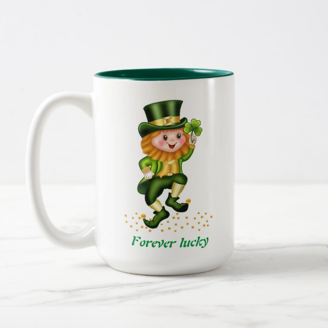 Tasse 2 Couleurs Pour toujours Lucky Green Gnome & Monogram (Gauche)