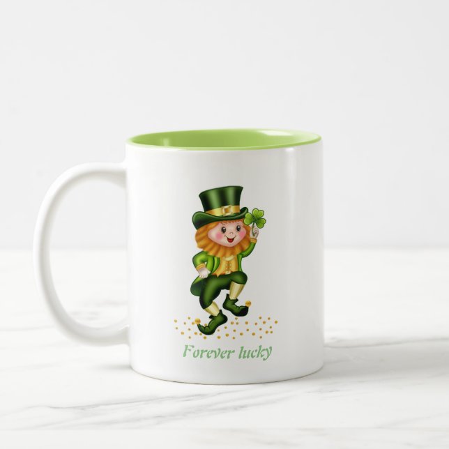 Tasse 2 Couleurs Pour toujours Lucky Green Gnome & Monogram (Gauche)