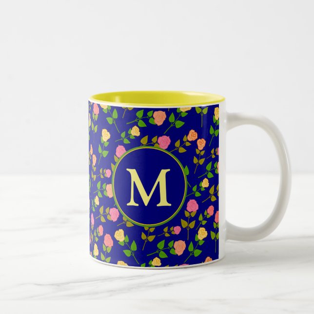 Tasse 2 Couleurs Pretty Blue Rose Pattern Monogram (Droit)
