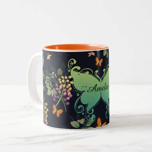Tasse 2 Couleurs Pretty Personalised Dark Floral Butterfly Pattern (Devant gauche)