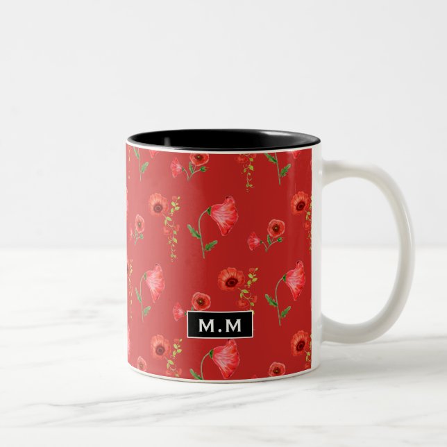 Tasse 2 Couleurs Pretty Red Poppies Pattern Monogram (Droit)
