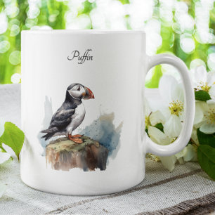 Tasse 2 Couleurs Puffin sur une aquarelle rocheuse, personnalisé