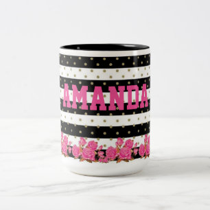 Tasse 2 Couleurs Rayures noires et blanches florales avec le pois