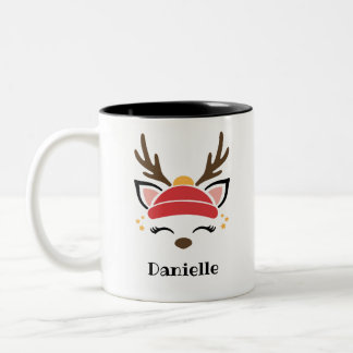 Tasse 2 Couleurs Red Beanie Reindeer Face Nom personnalisé Fête