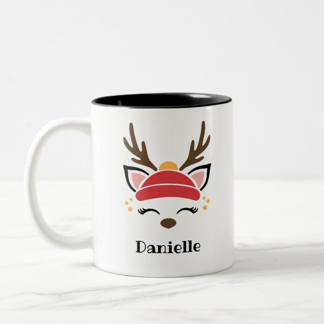 Tasse 2 Couleurs Red Beanie Reindeer Face Nom personnalisé Fête (Gauche)